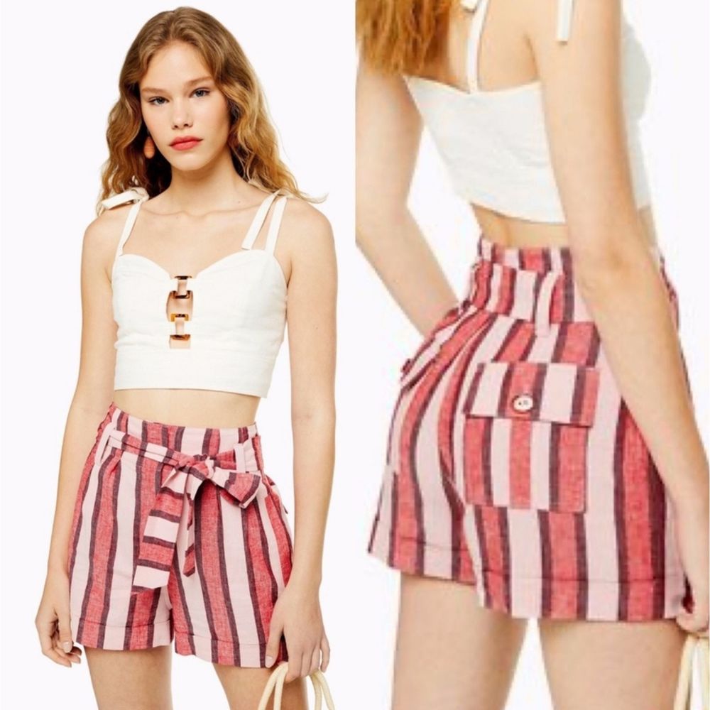 TopShop High Waist Belted Linen Striped Shorts